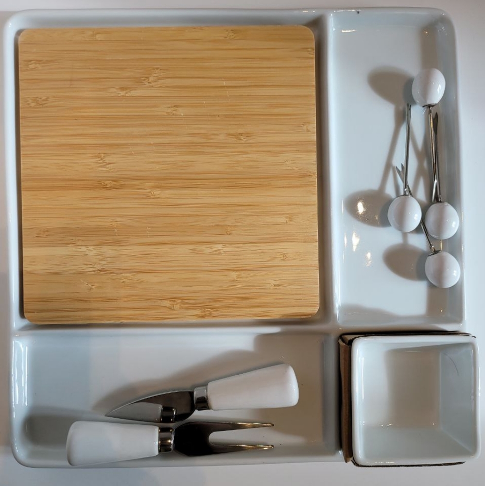 9-Piece Bamboo and Porcelain Charcuterie Board and Serving Platter